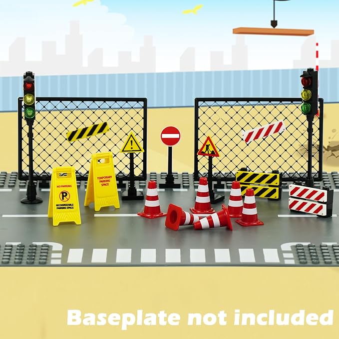 City Road Signs Bricks Accessories, Construction Site Street Signs, Mini Traffic Cones & Crosswalk Signal Toys for Kids Building Blocks Toys for Boys Girls