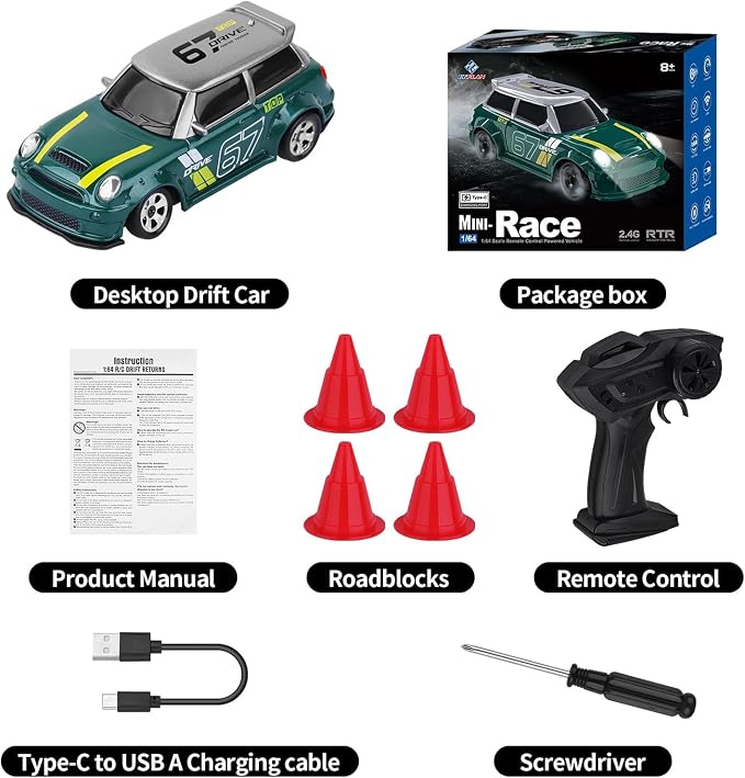 1:64 Mini RC Drift Car, 4WD Remote Control Car with LED Lights, Proportional Throttle, Multiple Drift Modes, USB Type-C Rechargeable Desktop Racing Toy for Kids & Adults