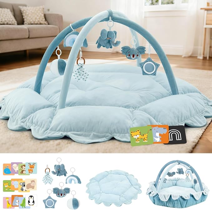 5-in-1 Baby Activity Gym & Play Mat with 6 Hanging Toys, Tummy Time Mat & Cards - Extra Large, Reversible Machine Washable Pad - Gift for Newborns, Infants 0-12 Months, Blue