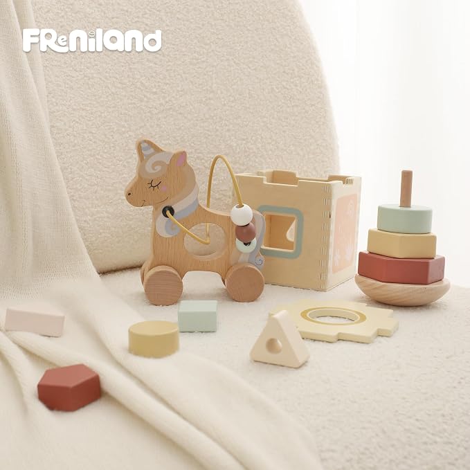 FReniland Montessori Toys for 1 Year Old,3-in-1 Wooden Baby Toys,Wooden Stacking Toy,Toddler Shape Sorting Cube, Unicorn Ring Toy