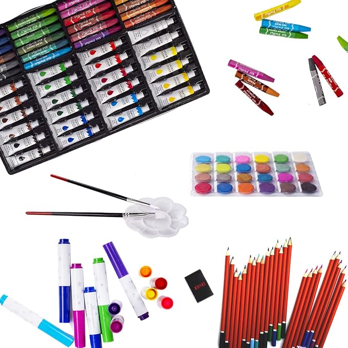 KINSPORY Art Sets, 139 Pack Painting Drawing Art Supplies Kit with 2 Sketch Pads, Deluxe Double Layers Crafts, Colored Pencils, Oil Pastels, Watercolor Paints, Gift for Artists Kids (Brown)