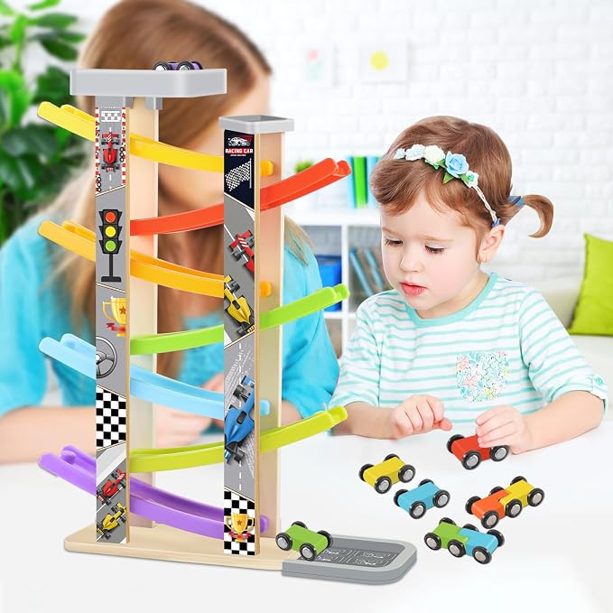 Wooden Car Ramp Toy Set, Montessori Ramp Set Includes 7 Mini Cars and Track — Educational Gift for Boys and Girls 3+ Years Old