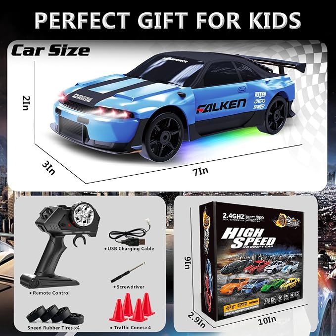 Remote Control Car RC Drift Car 2.4GHz 1:24 4WD 15KM/H High Speed Racing Sport Car with LED Lights Drifting Tire Racing Sport Toy for Adults Boys Girls Kids Gift