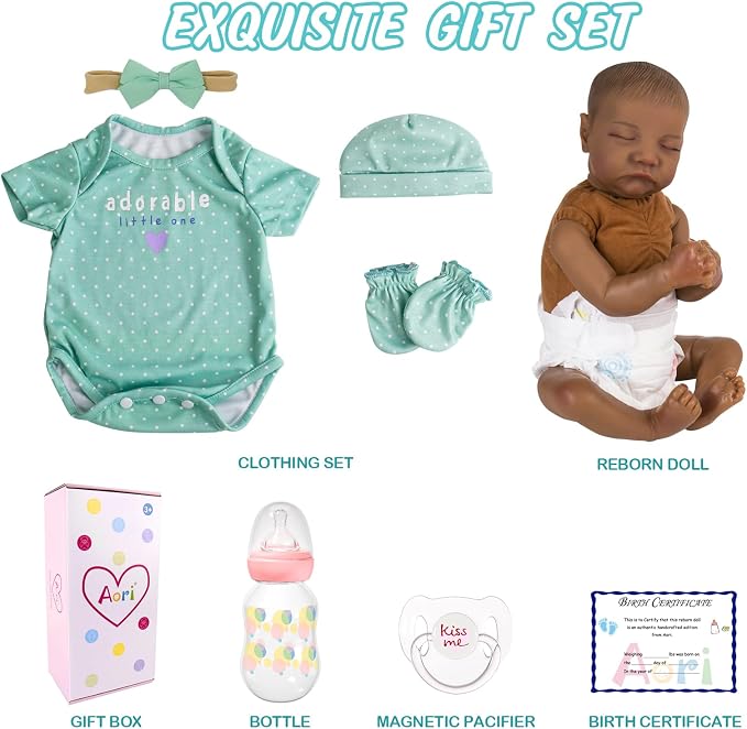 Aori Lifelike Reborn Baby Dolls Black - 18-Inch Realistic Newborn Baby Dolls Black American Real Life Babies Dolls Cloth Body with Feeding Kit & Gift Box for Kids Age 3+