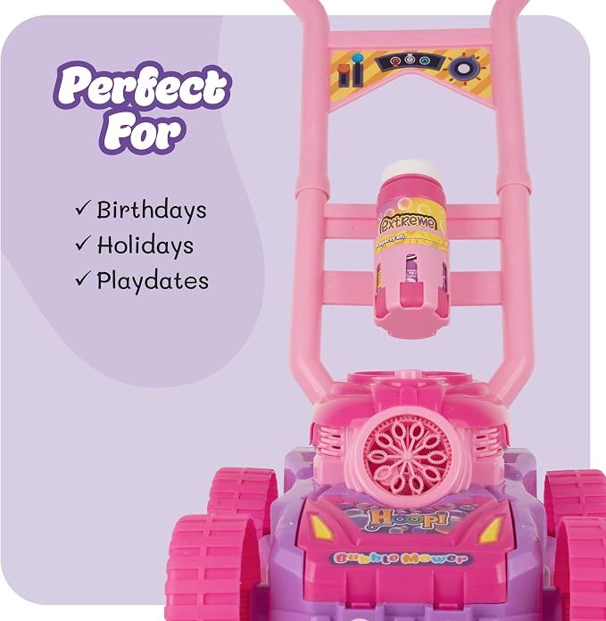 Hoopi Extreme Bubble Lawn Mower for Toddlers 1-3, Spill-Proof Kids Bubble Machine with Lights for 2-Year-Old Girl Birthday Gift, Bubbles Blowing Push Toddler Outdoor Toys for Ages 2-4 with 3 Bottles