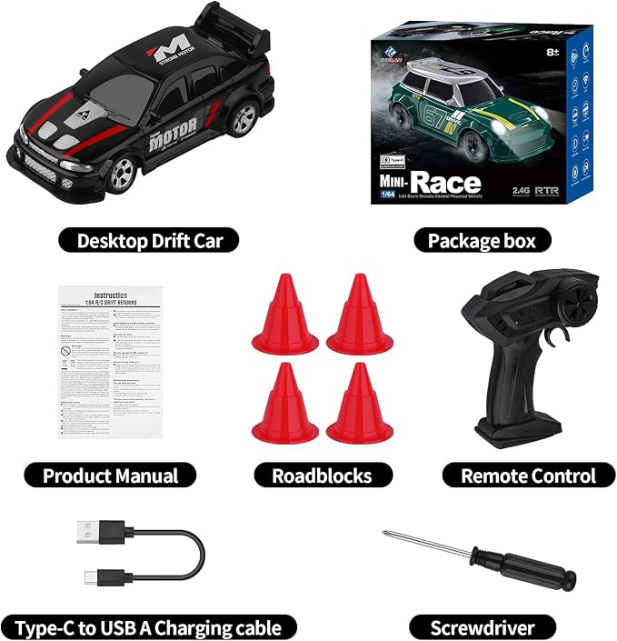 Desktop Drift Car,1:64 Remote Control Car, RC Cars with LED Lights, Mini RC Drift Car for Race, for Boys Kids Adults