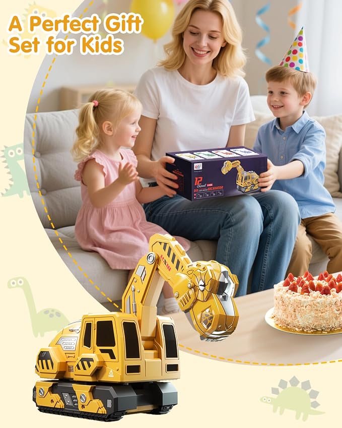 Remote Control Excavator Toys for Boys 4-7, Construction Trucks 2.4GHz RC Excavator with Light and Sound, Dinosaur Toys for Kids 3-5, Christmas Birthday Gifts for Kids (Yellow)