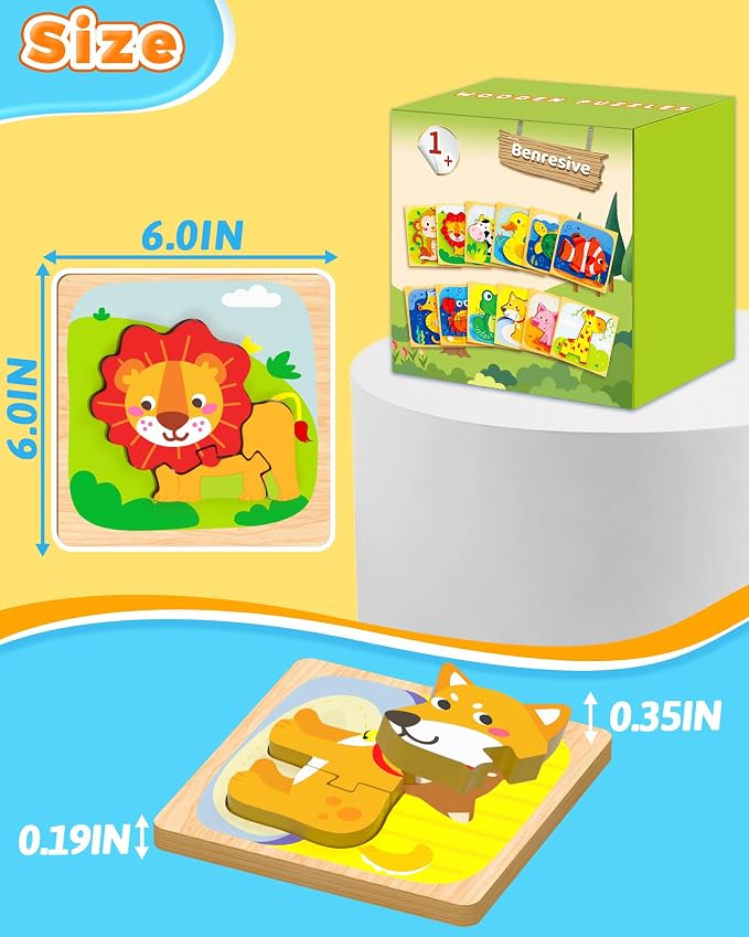 Benresive Wooden Toddler Puzzles, 12pcs Animal Montessori Toys for 1-3 Year Old Boys & Girls, Learning Educational Preschool Toys, Great Gifts for 1 2 3 Year Olds