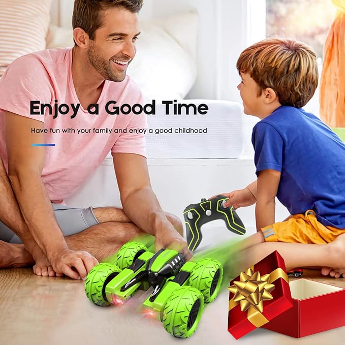 Amicool Remote Control Car Boy with Headlight, Hobby RC Car Stunt Kids Toy Gift for Boys Girls 6+ Years, Electric 4WD 2.4Ghz Double Side Rotating Race Vehicle 360° Flips Offroad Birthday Xmas