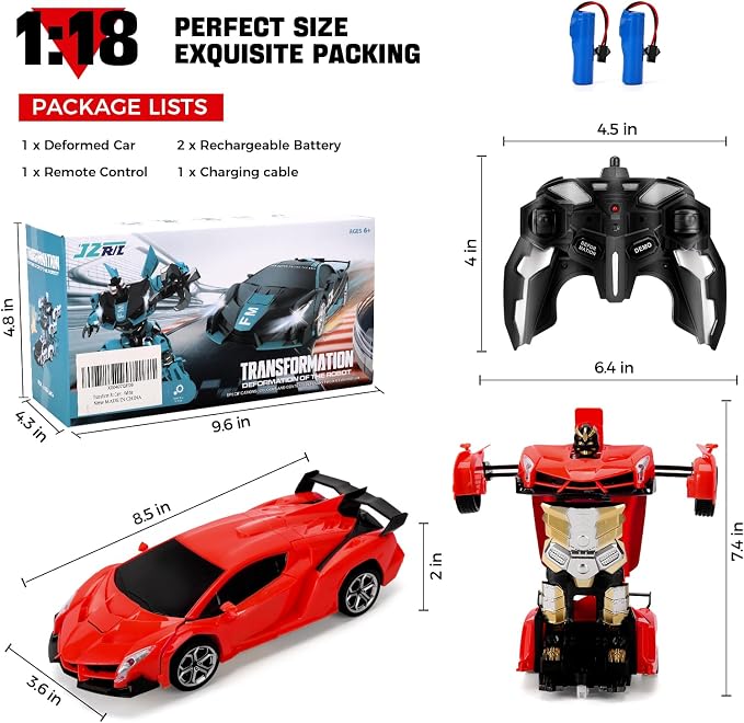 Blackma Remote Control Car - Transform, One-Button Deformation & 360°Rotating Drifting, Transform Robot RC Car with LED Light, Toy Gifts for 4 5 6 7 8 9 10 11 12 Years Old Boy (Red)