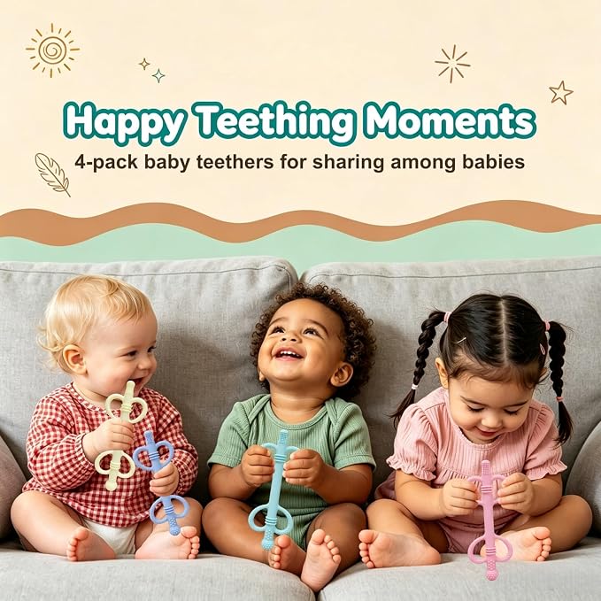 4 Pack Baby Teething Toys, Heart-Shaped Easy-Grip Silicone Teething Sticks, BPA-Free Multi-Texture Teething Tubes, Sensory Chew Toys to Soothe Gums 3-36 Months with Cleaning Brush