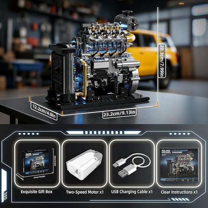 Diesel Engine Model Kit that Runs for Adults, MOC Mini Inline 4-Cylinder Diesel Engine Building Set with Motor, Compatible with Lego, Mechanical Engineering STEM Toy for Teens (1029 PCS)