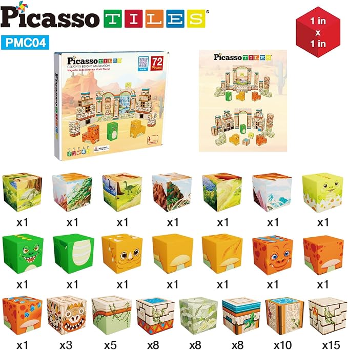 PicassoTiles Magnet Cube Prehistoric World Themed Mix and Match Building Block Construction Toy with 4 Magnetic Cubed Dinosaur Character Action Figures STEM Education Sensory Pretend Play Age 3+ PMC04