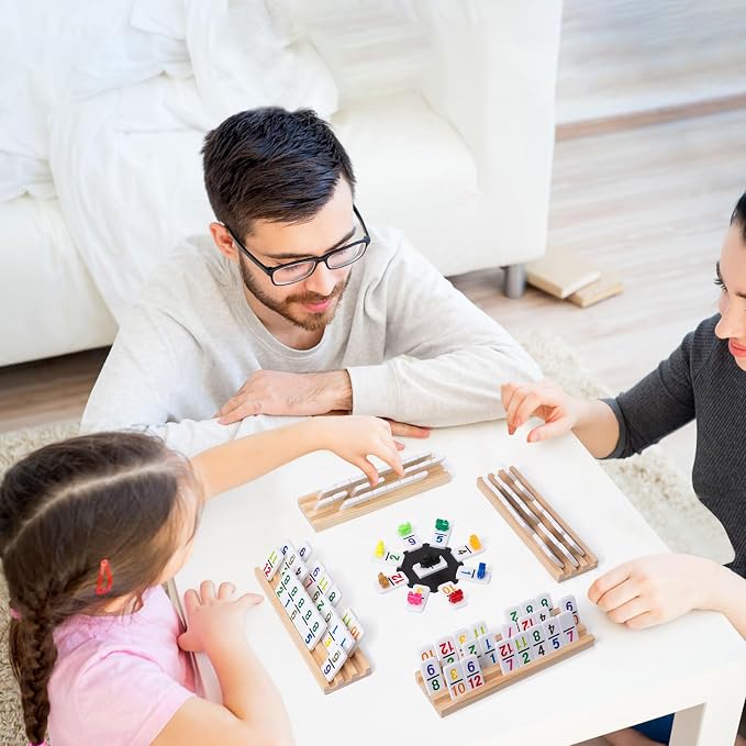 Mexican Train Dominoes Set with 91 Number Tiles, 4 Wooden Racks, Double 12 Dominoes Game Set for Family Fun, Parties, and Travel