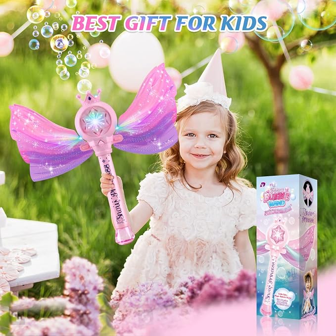 Bubble Wands for Kids Girls - LED Light & Music Bubble Machine: 3 AA Batteries & 2 Bubble Solutions, Outdoor Party Birthday Toys for Toddlers, Gift for 3 4 5 6 7 8 Year Old Girls