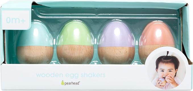 Pearhead Wooden Egg Shaker Baby Toy Set – 4-Piece Montessori Musical Sensory Toy, FSC-Certified Wood Rattle, Develops Rhythm & Fine Motor Skills, Pastel Baby Maracas for Boys and Girls, 0+ Months
