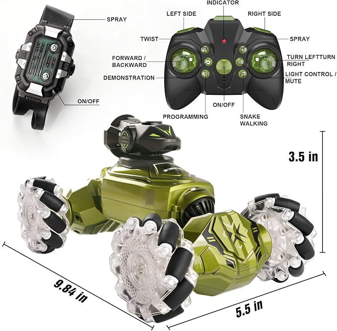 Gesture Sensing Remote Control Car, RC Cars Toys for Boys Age 6-12, 4WD Hand Controlled Twist & Transform 360° Spins Stunt Car with Mist, Light & Music, 8-10 Year Old Boys Birthday Gift Green