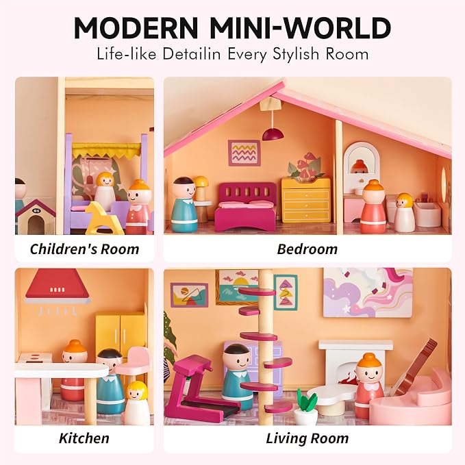 Wooden Doll House with 53Pcs Furniture Doll House, 6 Rooms Toddler Dollhouse Includes Spiral Wooden Staircase and Balcony, Modern Family Dollhouse with Realistic Design Gift for Ages 3+ Pink
