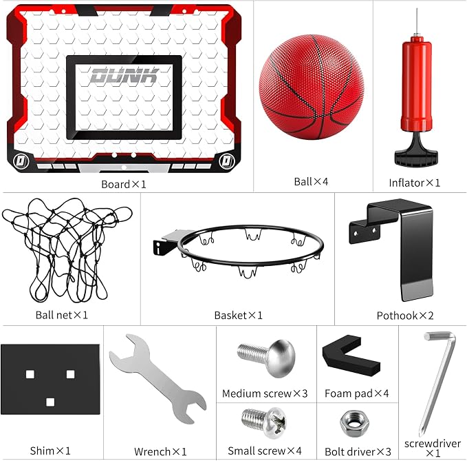TEMI Indoor Basketball Hoop for Kids, Door Room Basketball Hoop,Mini Basketball Hoop with 4 Balls, Basketball Toys for 3 4 5 6 7 8 9 10 11 12 Year Old Boys