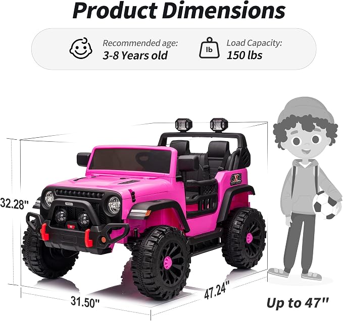 Hikiddo 2 Seater Ride on Car Truck, 12V Kids Electric Ride on Toy for Big Kids Age 3-8 w/Remote Control- Hot Pink