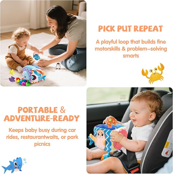 SAIMAND Baby Toys 6-12 Months–Mystery Soft Box with 5 Plush Marine Animals,Rattle,Crinkle Paper & Mirror–Montessori Sensory Toys for 6 Month Old Babies 1-3 Year Old Boy Girl Birthday