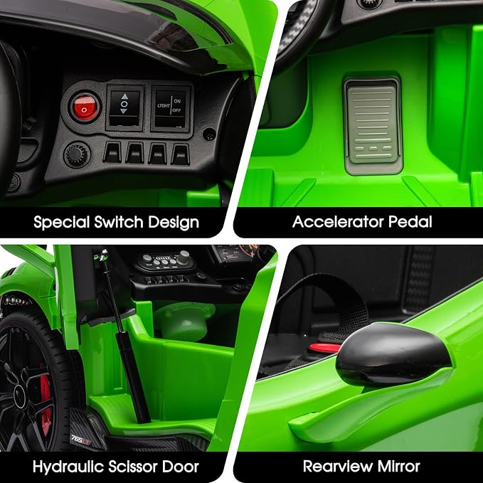 Kids Ride-on Car Licensed McLaren765LT for 3-6Years Old, Electric car 12V Battery Powered Electric Vehicle, w/Parent Remote, Music Player, LED Lights, Smooth Start, 3 Speeds, (Green)