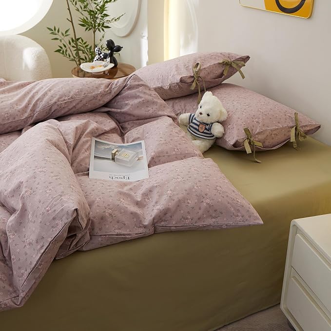 Purple Floral Comforter Set Twin XL, 3 Pieces Cottagecore Aesthetic Cute Flowers Comforter Set for All Seasons, Coquette Floral Mauve Bedding Vintage Botanical Comforter with 2 Bow Ties Pillowcases
