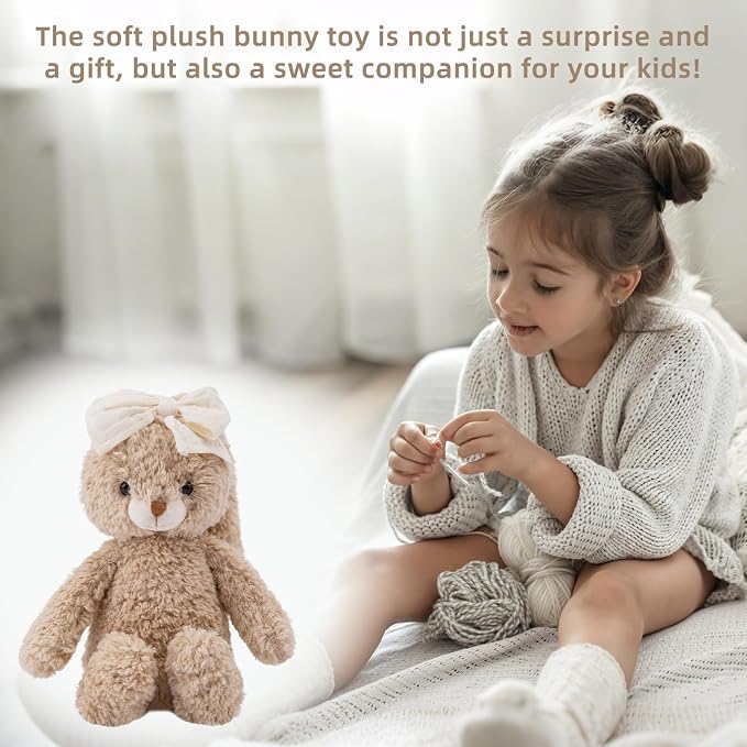 Bunny Stuffed Animal Soft Rabbit Cuddly Toy 8'' Long - Eared Brown Plush Bunny with Cream Bow Plush Toys for Babies and Toddlers