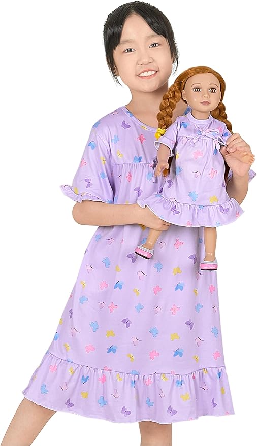 MHJY Matching Girls & Doll Nightgowns Vintage Short Sleeve Sleepwear Pajamas Dress for Girls and 18" Girl Doll