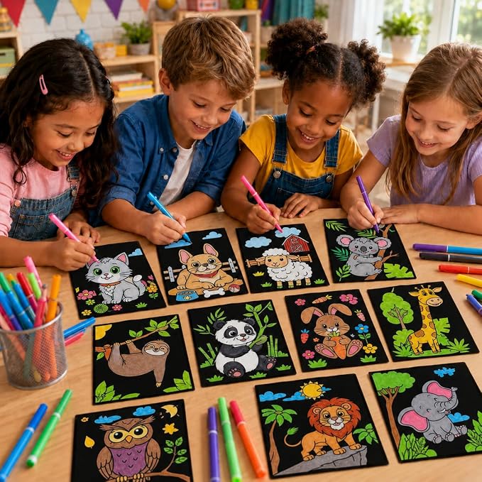 Cinrobiye 48 Pcs Velvet Coloring Posters Cute Animals Fuzzy Posters to Color Bulk Felt Coloring Page Craft for Adults, Teens and All Ages, Classroom, Assisted Living Stress Relief Activities