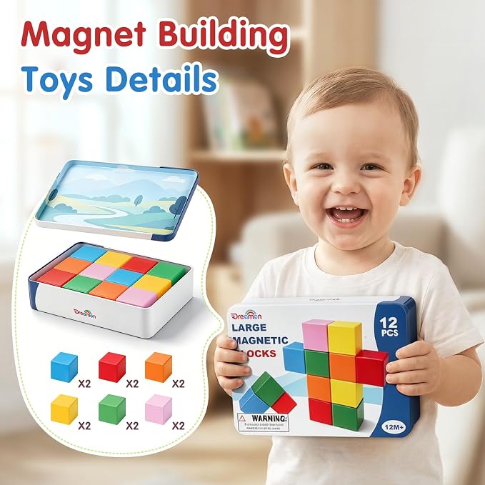 Magnetic Blocks Large with Metal Box, 1.65in Magnetic Building Cubes Toddler Travel Essentials Toys for Boys Girls Ages 1 2 3, STEM Educational Magnet Sensory & Montessori Toys Birthday Gifts 12 PCS