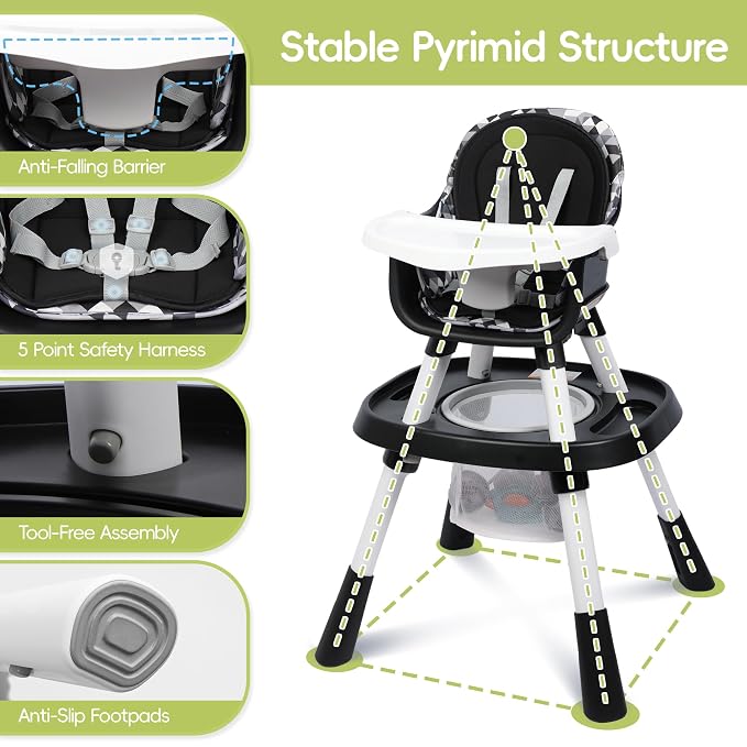 15 in 1 Convertiable High Chair for Babies and Toddlers, 2 in 1 Highchair & Activity Center w/Toys, Booster Seat, Toddler Chair w/5-Point Harness & Removable Tray & 2-Layer Cusion (Black)