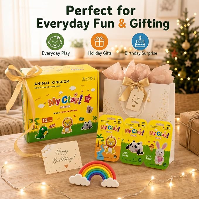 Air Dry Clay Kit, 12 Animals Kingdom Modeling Clay for Kids, DIY Model Magic Clay with Tools&Idea Cards, Soft&Non-Sticky, Safe&Non-Toxic Magic Clays, Creatible Art Crafts Toys Gifts for Boys Girls