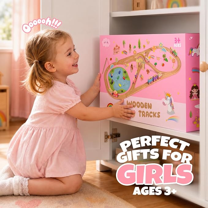 Hot Bee 110PCS Wooden Train Set, Toy Train Track Set for Toddlers Girls 2-4, Pink Wood Train Track with Fairies & Unicorns, Girl Train Set Birthday Gifts for 2 3 4 5 6 7 Year Old