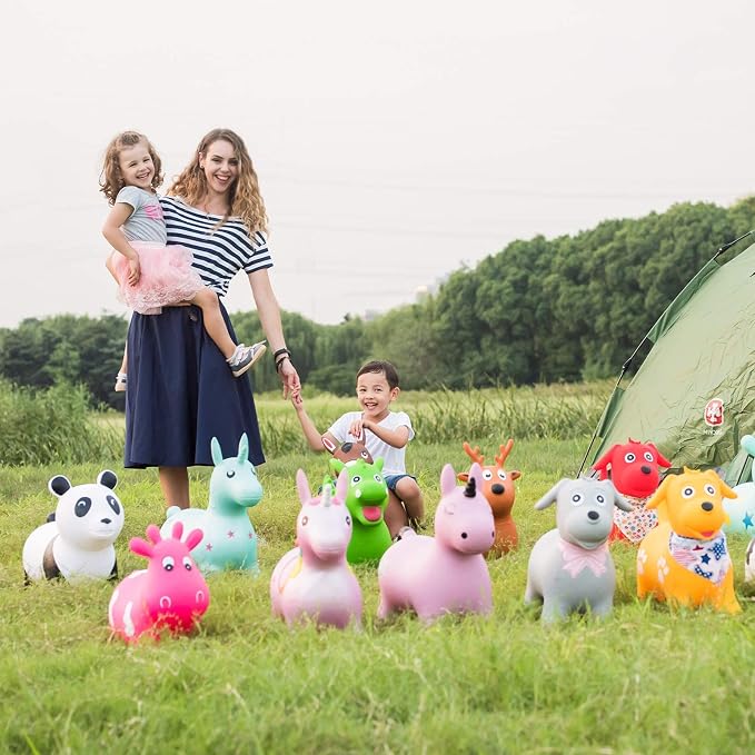 INPANY Unicorn Bouncy Horse Toys, Inflatable Unicorn with Ultra Thick Plush | Soft Washable Cover, Thick PVC, Stable 4-Leg Base, Cute Unicorn, Easy Inflation, Indoor & Outdoor Play, Gifts for 2-4 Kids