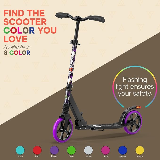 Campior Kick Scooter for Ages 6+, for Kids, Teens, and Adults, Max Load 240 LBS, Foldable, 8-inch Big Wheels for Kids and Adults, with Kickstand, 3 Adjustable Levels, Child Safety Approved, Purple