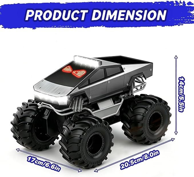 Qrytoi 1:18 Amphibious Remote Control Car with LED Light Eyes, 2.4GHz 360° Rotatable Remote Control Car, Waterproof Monster Truck Toys, Kids Toy Gift for Boys Girls Age 6 7 8 9 10 11 12+