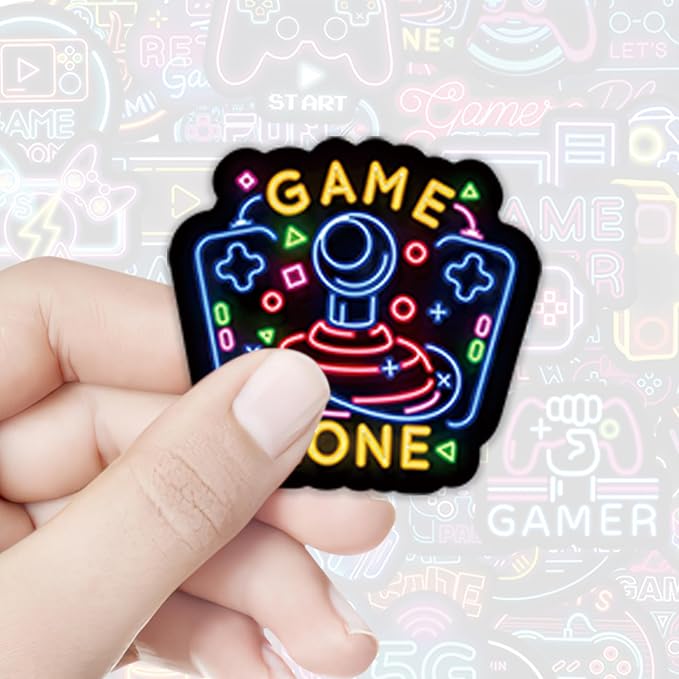 QTL Neon Video Game Stickers for Boys Teens, Game Party Supplies, Waterproof Vinyl Stickers for Water Bottle Laptop, 50 Pcs