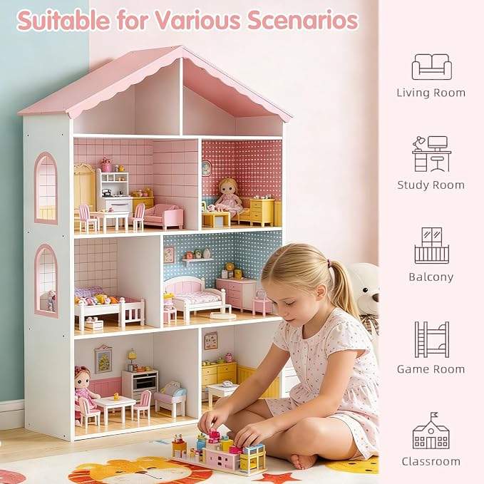 Kids Dollhouse Bookshelf and Toy Storage - Wooden Stand Dollhouse Bookcase with 3-Tier Storage Display, Bookshelf for Playing Room, Nursery, Gift for Boys Girls (8 Room - Pink with White)