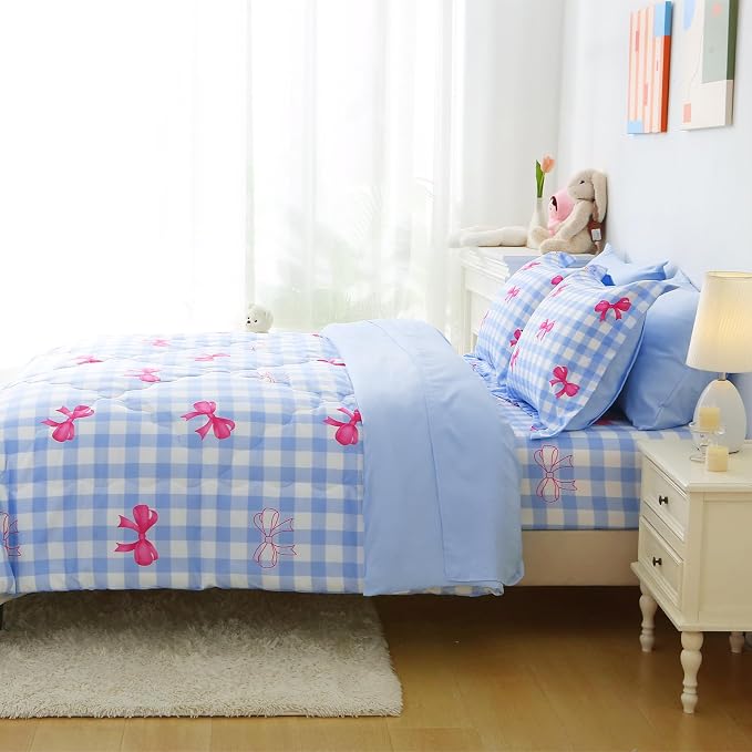 Wajade Bow Comforter Set 7 Piece Blue White Plaid Comforter Sets for Girls Kids Full Size Checkered Bedding Set with Sheet and 2 Pillowcases 2 Pillow Shams Cute Girls Bed in a Bag as Birthday Choice