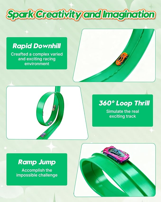 Flex Track 15 Ft Flex Race Car Track with 6 Toy Cars, Portable DIY Racetrack Compatible Diecast 1/64th Cars for Ages 3 Up with Suction Cups, Birthday Gifts for Boys(Green)