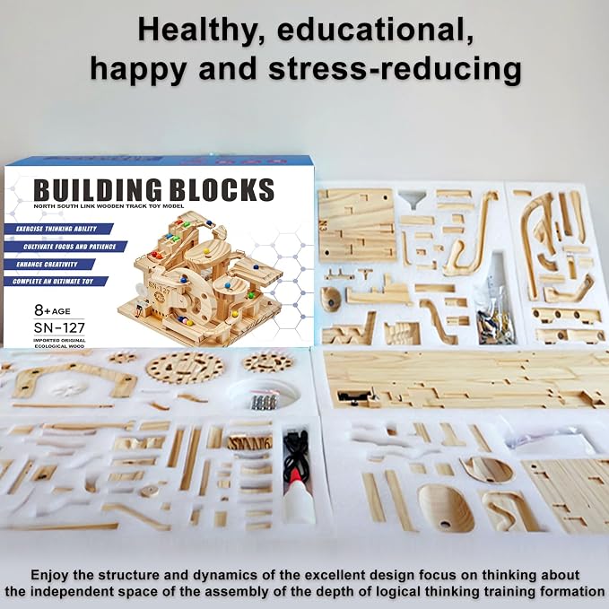 Losbenco Wooden Marble Run Electric Motorized, Electric Model Kit Marble Run Brain Teaser Wooden Puzzles Building Toy, 3D Wooden Puzzles for Adults and Kids to Build