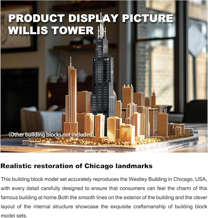 Willis Tower Chicago Architecture Building Block Set 1235 Pcs Famous City Skyline Landmark Model Kit Tall Skyscraper Construction Toy for Adults & Teens Home Office Desk Decor Display Gift