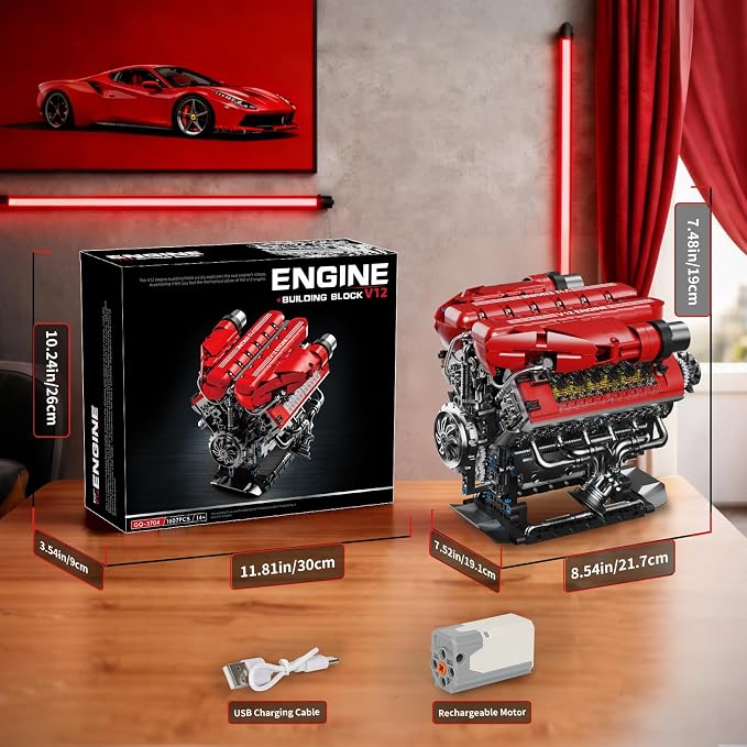V12 Engine Model Kit That Runs, 12-Cylinder Sports Car Engine Building Set with Rechargeable Motor, Compatible with Lego for Adults, Engineering Construction STEM Toy for Teens (1607 PCS)