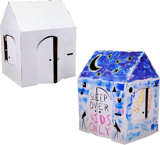 Easy Playhouse Blank Crafty Cottage - Kids Art and Craft for Indoor Fun, Color, Draw, Doodle on this Blank Canvas – Decorate and Personalize a Cardboard Fort, 32" x 26.5" x 40.5" - Made in USA, Age 3+