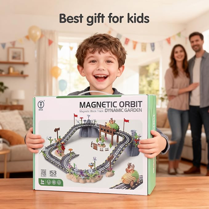 Magnetic Tiles Car Track Set,Flower Garden Building Toys for Toddlers Girls 3-5,Magna Tiles Race Car Tracks DIY Road Games Playset with Bridge for Kids Ages 4-8 Year Old Boy Gift, 153PCS