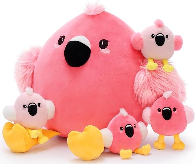 Tezituor Pink Flamingo Stuffed Animal, 5 in 1 Flamingo Plush Toy Pillow with 4 Babies, Zippered Tummy Mommy Flamingo Plushie Gift for Girls Kids, Mother’s Day Valentine’s Day Birthday Christmas