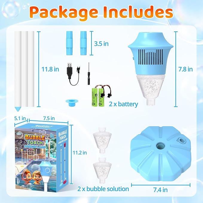 Bubble Machine for Kids: Rechargeable Bubble Blower Maker Torch with Light Music, 2 Batteries 47" Adjustable Height, Bubbles Wand Outdoor Toddler Toys for Summer Camping Wedding Backyard Pool Party