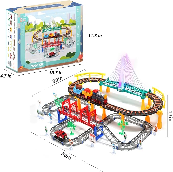 Electric Toddler Train Set Toy, Battery Powered Railway Train Track Toy Playset with Realistic Sound & Lights Up for Kids Ages 3 4 5, Boys and Girls