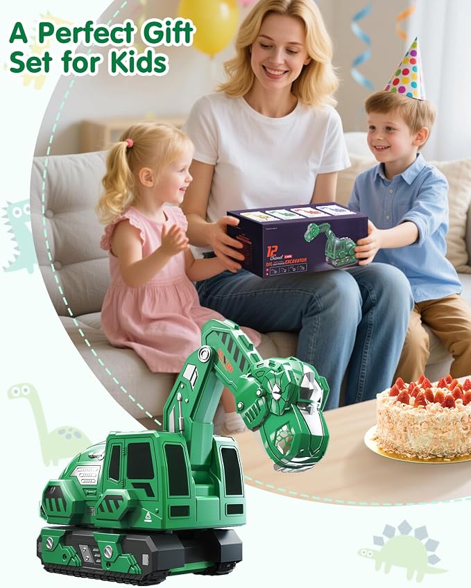 Remote Control Excavator Toys for Boys 4-7, Construction Trucks 2.4GHz RC Excavator with Light and Sound, Dinosaur Toys for Kids 3-5, Christmas Birthday Gifts for Kids (Green)